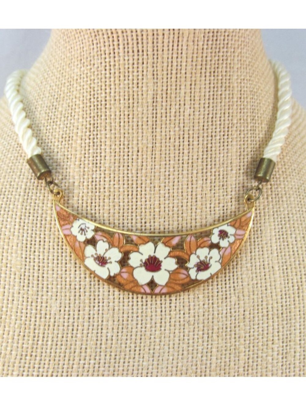 Vintage Cloisonne Floral Crescent Pendant White Cord Necklace Signed SITI 15.5"
